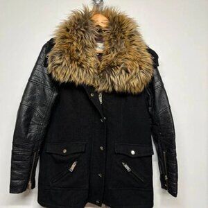 Vintage River Island Black Wool Blend Coat with faux fur & faux leather sleeves